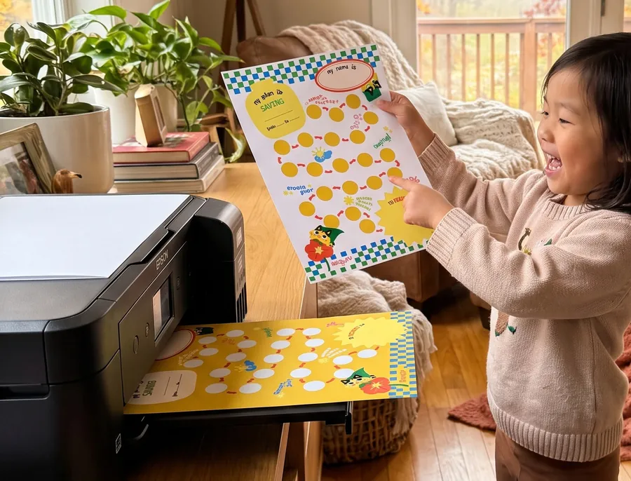 A happy child holding a freshly printed Mighty Habit Tracker next to the printer